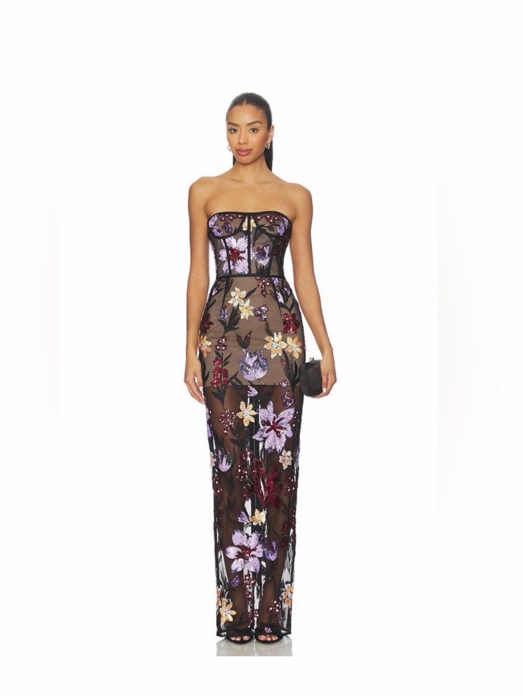 Bronx And Banco Dahlia Black & Purple Multi Strapless Maxi Dress Floral Size Sm